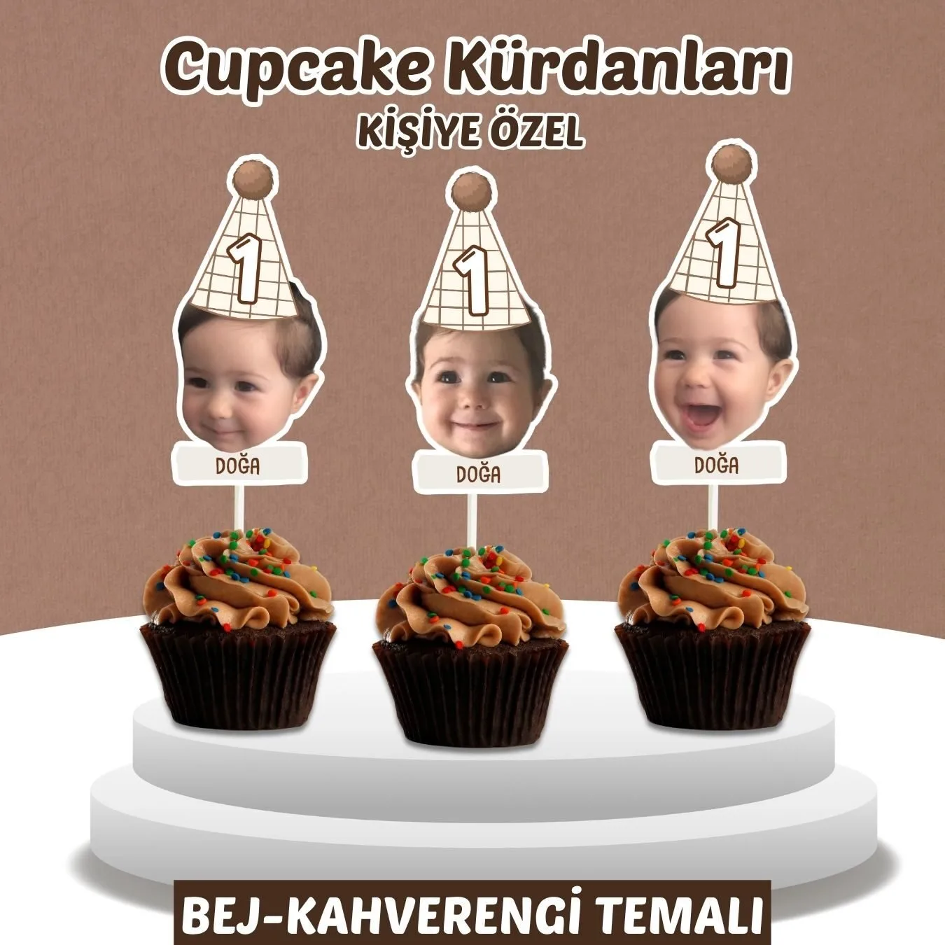 Resimli Cupcake Kürdanı – Bej-Kahverengi Temalı