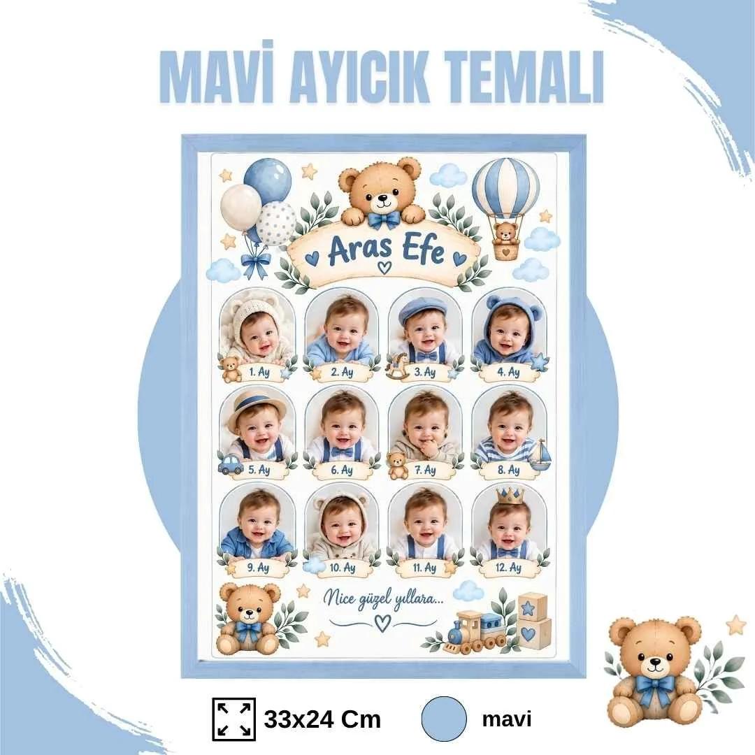 Mavi Ayıcık Temalı 12 Ay Anı Tablosu Fotoğraflı