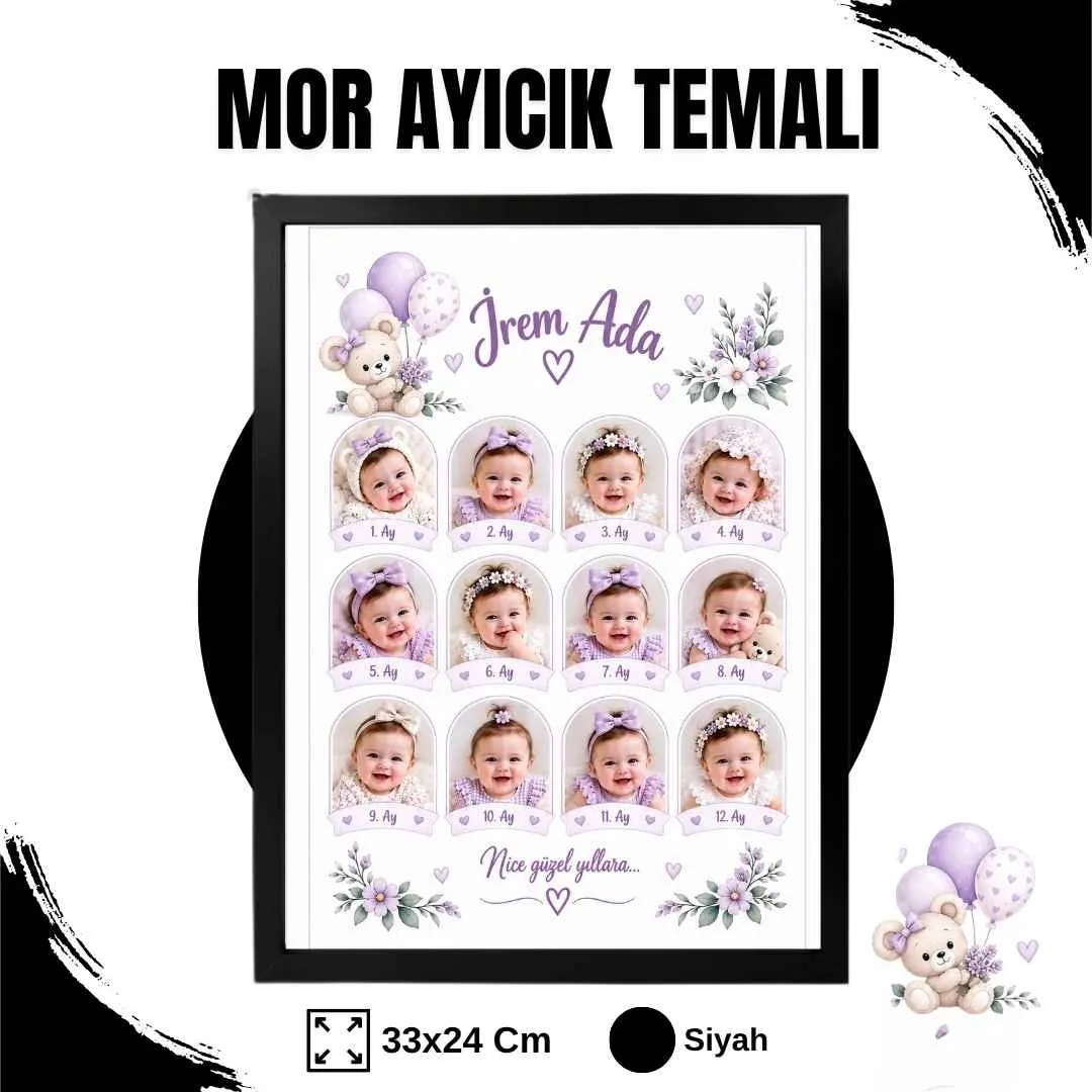 Mor Ayıcık Temalı 12 Ay Anı Tablosu Fotoğraflı