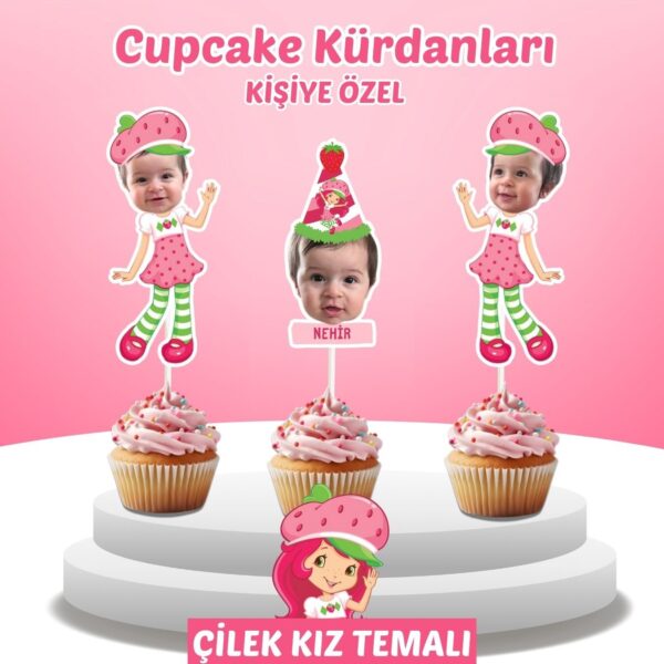 Resimli Cupcake Kürdanı - Çilek Kız Temalı