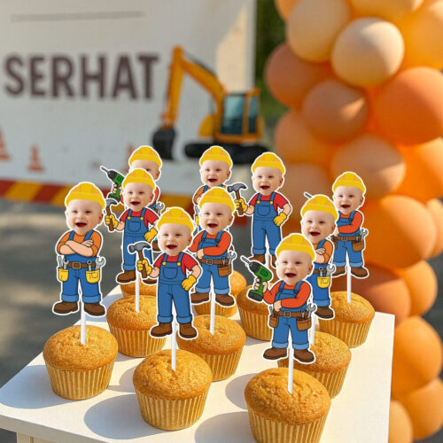 Resimli Cupcake Kürdanı - İnşaatcı Temalı