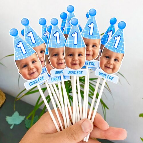 Resimli Cupcake Kürdanı - Açık Mavi Temalı