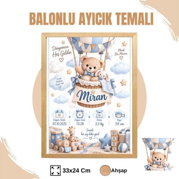 Balonlu Ayıcık Temalı Yenidoğan Anı Tablosu