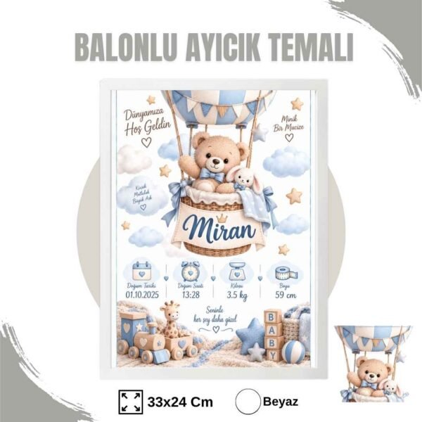 Balonlu Ayıcık Temalı Yenidoğan Anı Tablosu