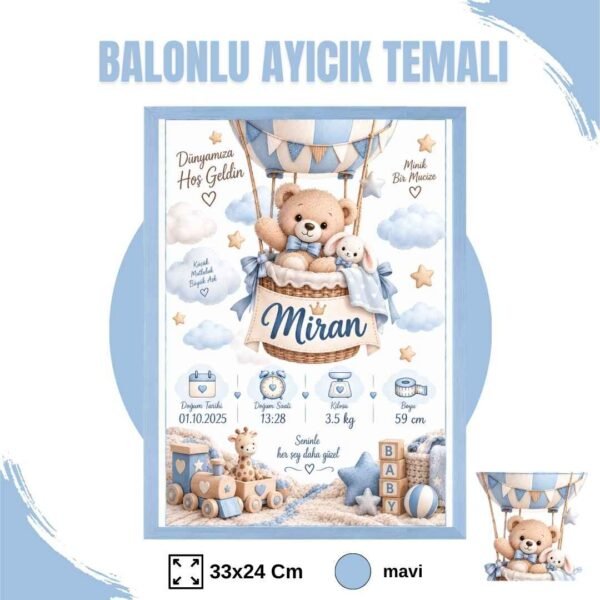 Balonlu Ayıcık Temalı Yenidoğan Anı Tablosu