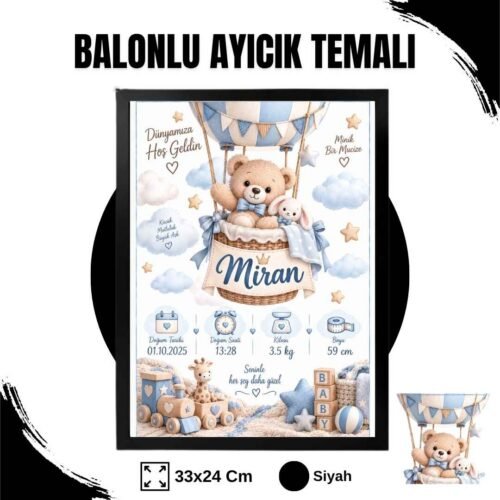 Balonlu Ayıcık Temalı Yenidoğan Anı Tablosu