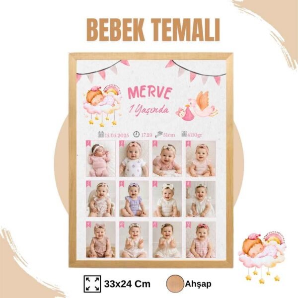 bebek temalı ahşap çerçeve Bebek Temalı 12 Ay Anı Tablosu Fotoğraflı