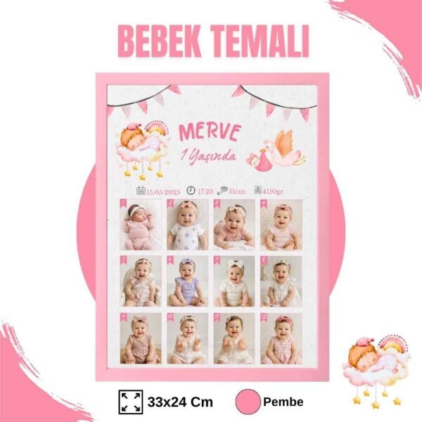 bebek temalı pembe çerçeve Bebek Temalı 12 Ay Anı Tablosu Fotoğraflı
