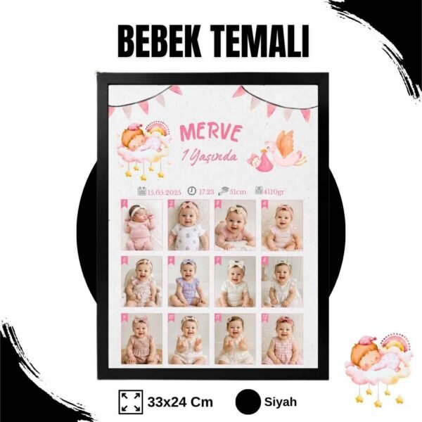 bebek temalı siyah çerçeve Bebek Temalı 12 Ay Anı Tablosu Fotoğraflı