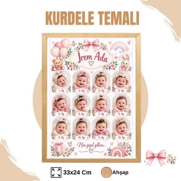 kurdele temalı ahşap temalı çerçeve Kurdele Temalı 12 Ay Anı Tablosu Fotoğraflı
