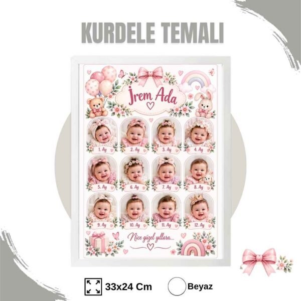 kurdele temalı beyaz çerçeve Kurdele Temalı 12 Ay Anı Tablosu Fotoğraflı