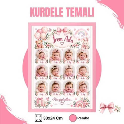 kurdele temalı pembe çerçeve Kurdele Temalı 12 Ay Anı Tablosu Fotoğraflı