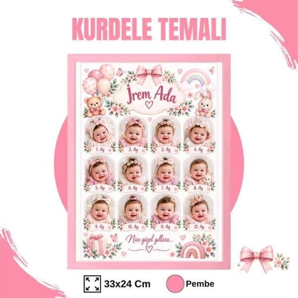 kurdele temalı pembe çerçeve Kurdele Temalı 12 Ay Anı Tablosu Fotoğraflı