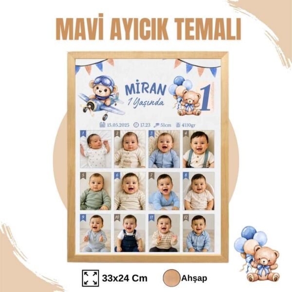 Mavi Ayıcık Temalı 12 Ay Anı Tablosu Fotoğraflı