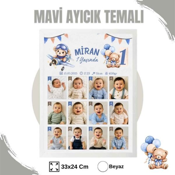 Mavi Ayıcık Temalı 12 Ay Anı Tablosu Fotoğraflı