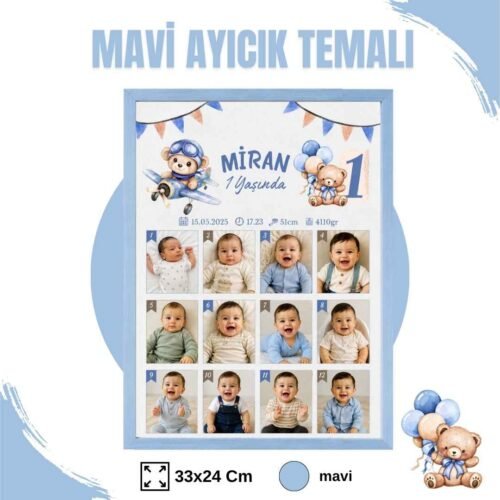 Mavi Ayıcık Temalı 12 Ay Anı Tablosu Fotoğraflı