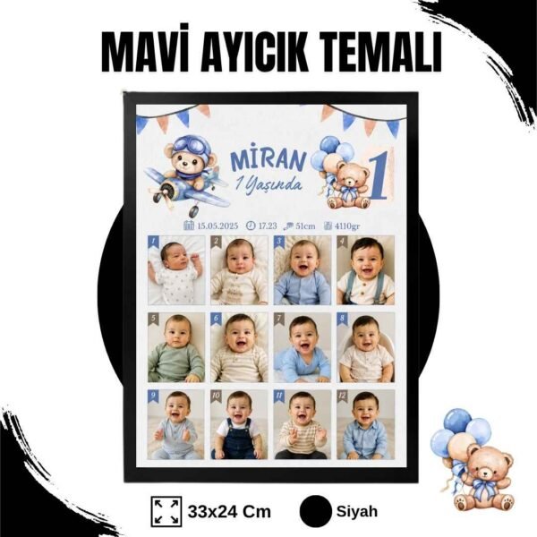 Mavi Ayıcık Temalı 12 Ay Anı Tablosu Fotoğraflı