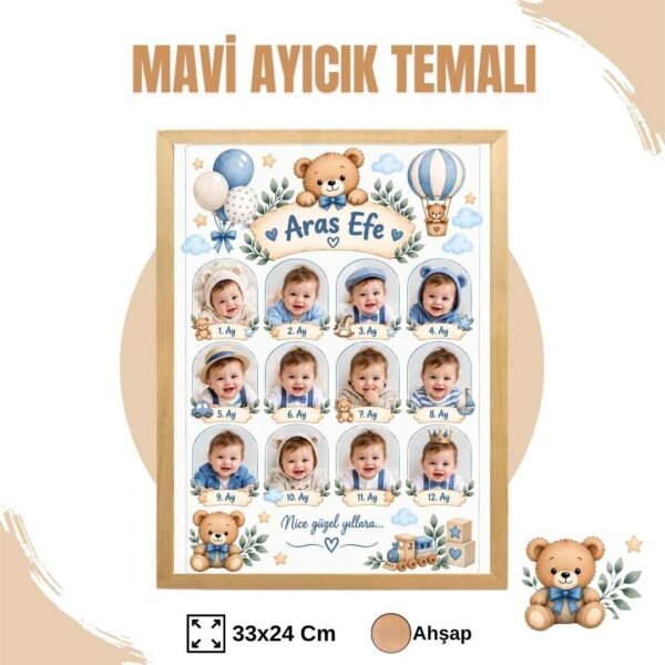Mavi Ayıcık Temalı 12 Ay Anı Tablosu Fotoğraflı