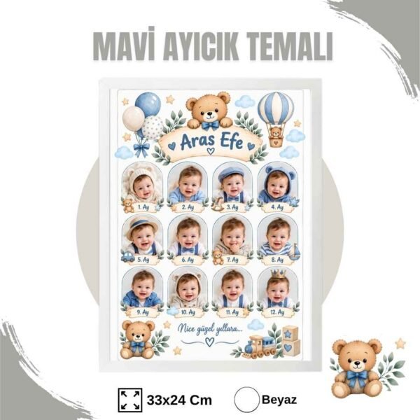 Mavi Ayıcık Temalı 12 Ay Anı Tablosu Fotoğraflı