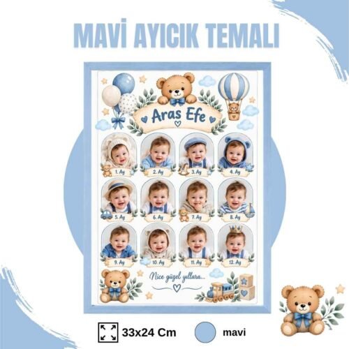 mavi ayıcıkk temalı mavi çerçeve Mavi Ayıcık Temalı 12 Ay Anı Tablosu Fotoğraflı