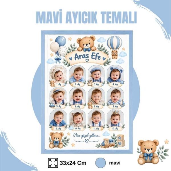Mavi Ayıcık Temalı 12 Ay Anı Tablosu Fotoğraflı