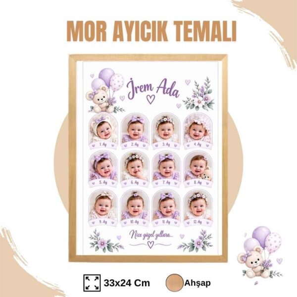 mor ayıcık temalı ahşap çerçeve Mor Ayıcık Temalı 12 Ay Anı Tablosu Fotoğraflı