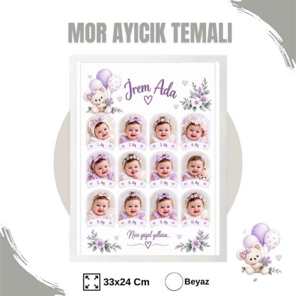 mor ayıcık temalı çerçeve Mor Ayıcık Temalı 12 Ay Anı Tablosu Fotoğraflı