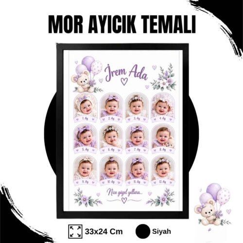 mor ayıcık temalı siyah çerçeve Mor Ayıcık Temalı 12 Ay Anı Tablosu Fotoğraflı