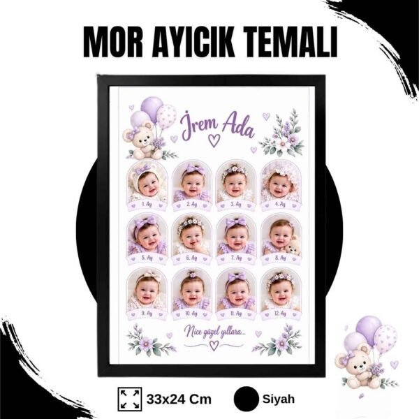 mor ayıcık temalı siyah çerçeve Mor Ayıcık Temalı 12 Ay Anı Tablosu Fotoğraflı
