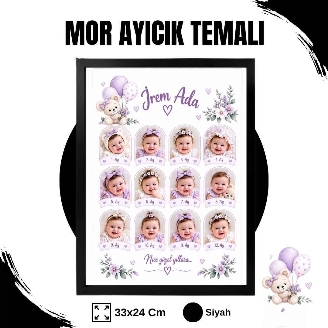 Mor Ayıcık Temalı 12 Ay Anı Tablosu Fotoğraflı