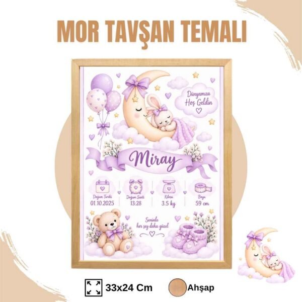Mor Tavşan Temalı Yenidoğan Anı Tablosu