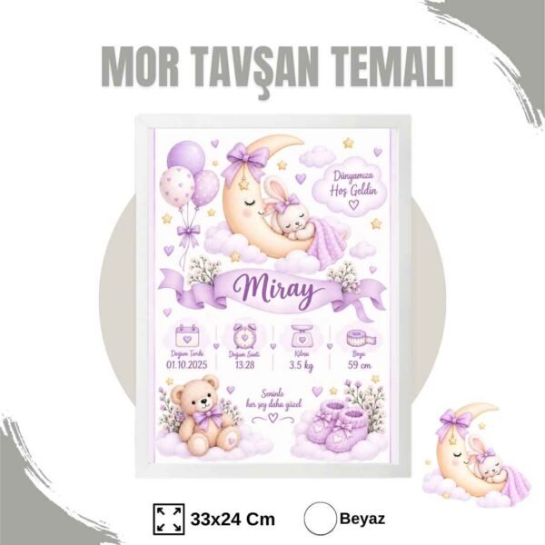 Mor Tavşan Temalı Yenidoğan Anı Tablosu