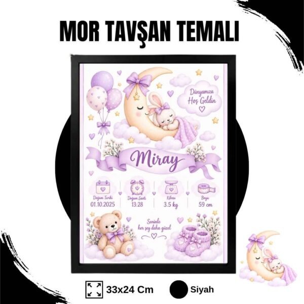 Mor Tavşan Temalı Yenidoğan Anı Tablosu
