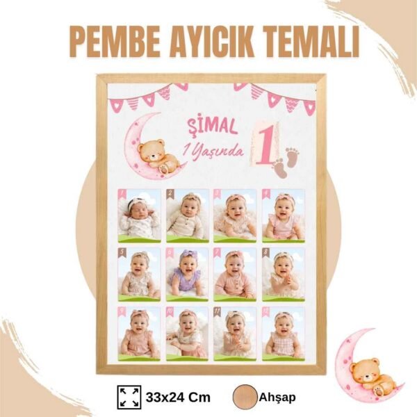 Pembe Ayıcık Temalı 12 Ay Anı Tablosu Fotoğraflı