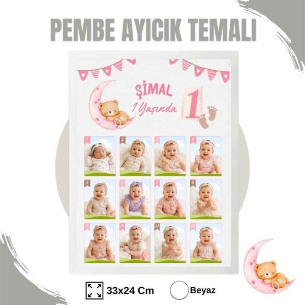 Pembe Ayıcık Temalı 12 Ay Anı Tablosu Fotoğraflı