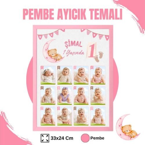 Pembe Ayıcık Temalı 12 Ay Anı Tablosu Fotoğraflı
