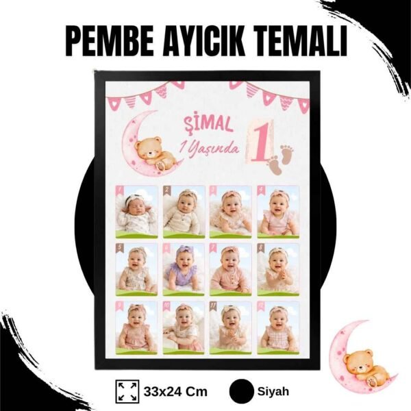 Pembe Ayıcık Temalı 12 Ay Anı Tablosu Fotoğraflı