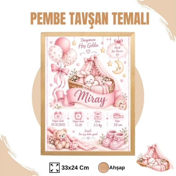 Pembe Tavşan Temalı Yenidoğan Anı Tablosu