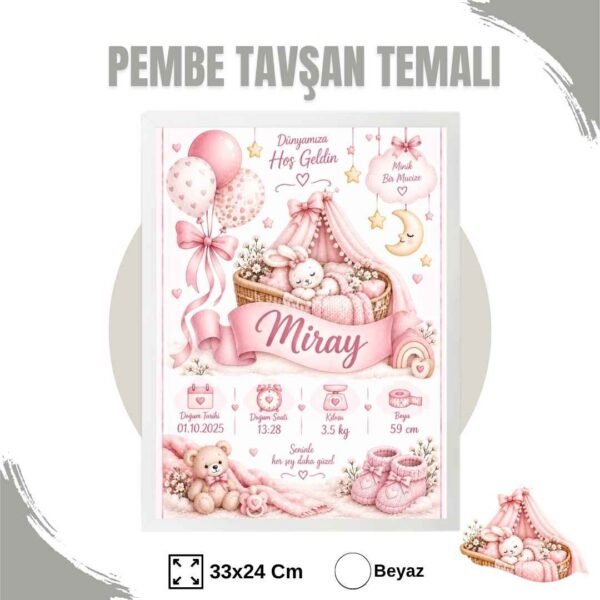 Pembe Tavşan Temalı Yenidoğan Anı Tablosu