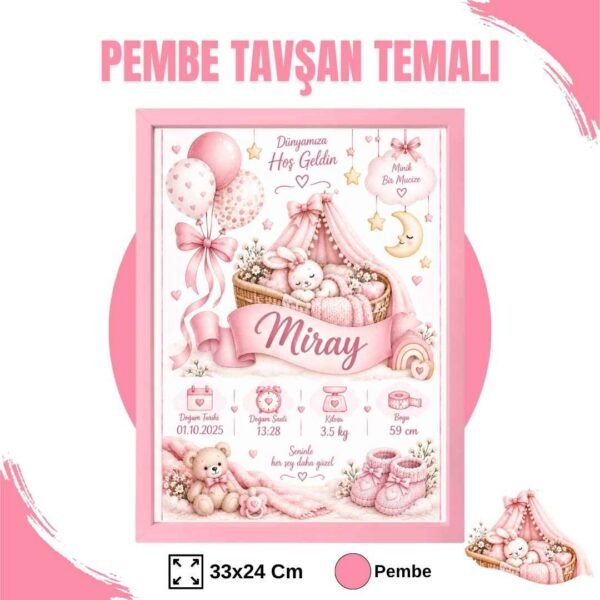 Pembe Tavşan Temalı Yenidoğan Anı Tablosu