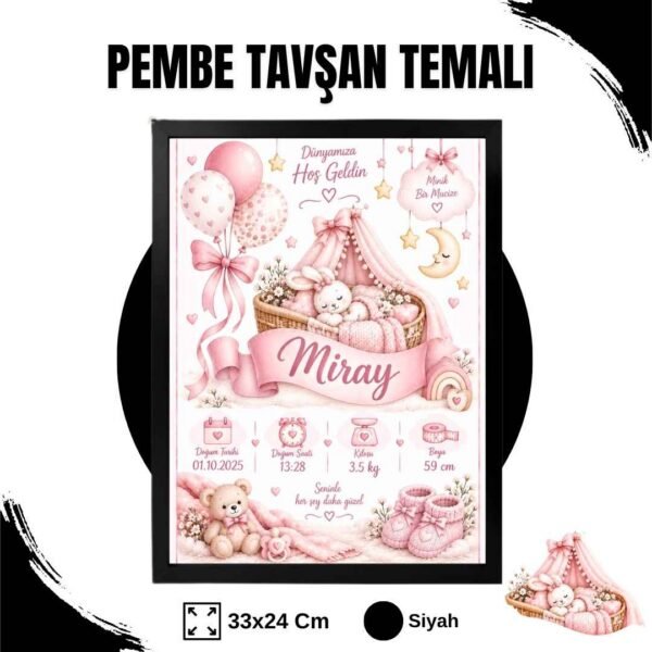 Pembe Tavşan Temalı Yenidoğan Anı Tablosu