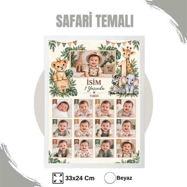safari temalı beyaz çerçeve Safari Temalı 12 Ay Anı Tablosu Fotoğraflı