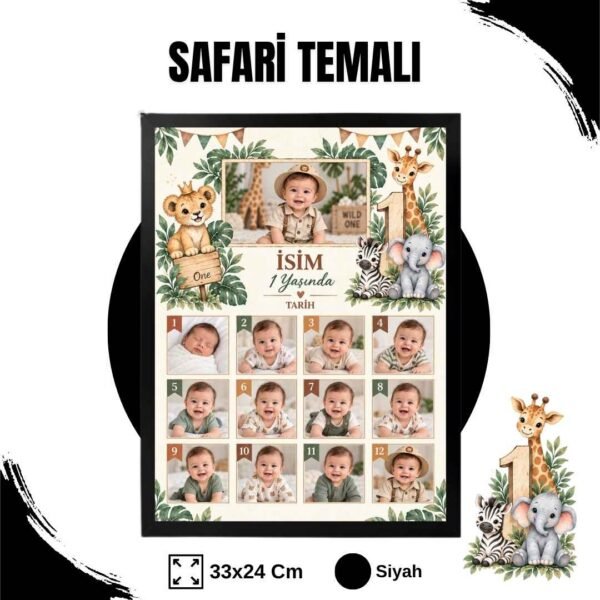 safari temalı siyah çerçeve Safari Temalı 12 Ay Anı Tablosu Fotoğraflı