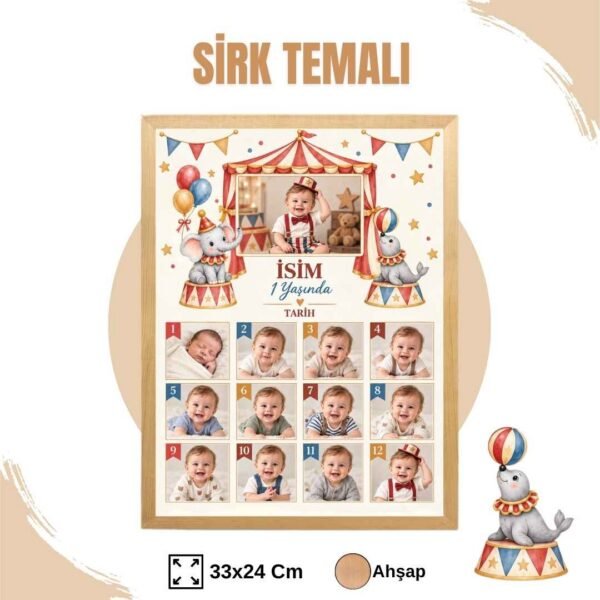 sirk temalı ahşap Sirk Temalı 12 Ay Anı Tablosu Fotoğraflı