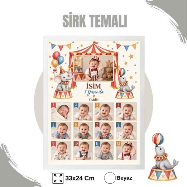 sirk temalı beyaz çerçeve Sirk Temalı 12 Ay Anı Tablosu Fotoğraflı