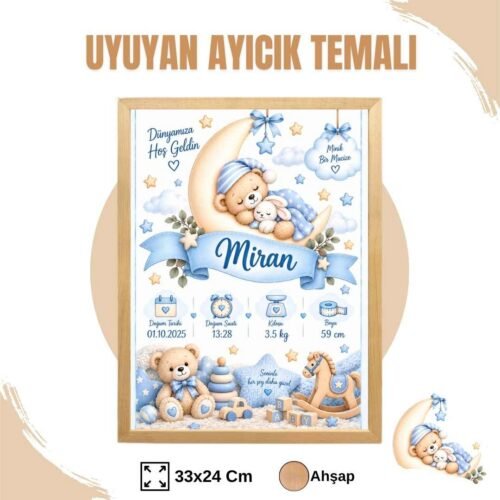 Mavi Ayıcık Temalı Yenidoğan Anı Tablosu