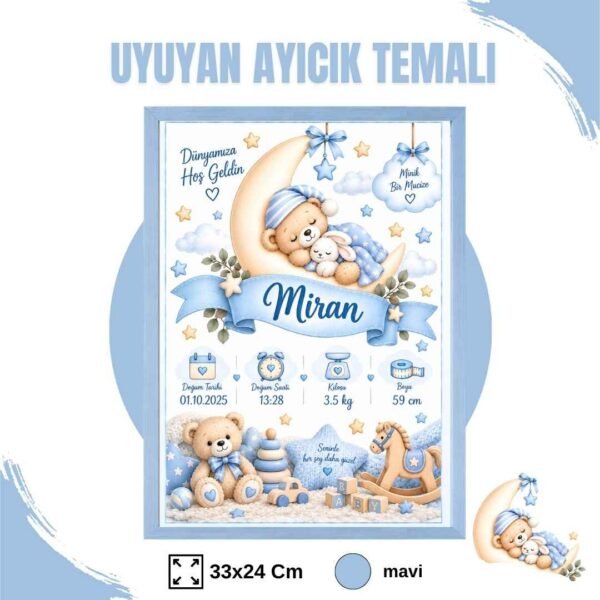 uyuyan ayıcık temalı mavi çerçeve Mavi Ayıcık Temalı Yenidoğan Anı Tablosu