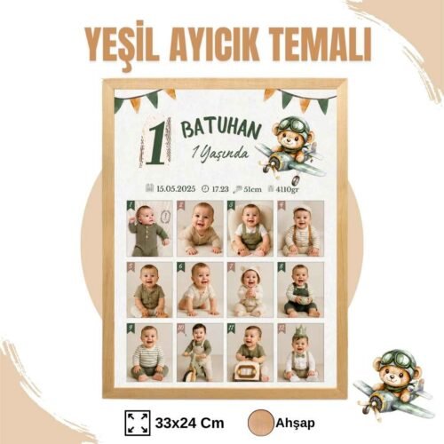 yeşil ayıcık temalı ahşap çerçeve Yeşil Ayıcık Temalı 12 Ay Anı Tablosu Fotoğraflı