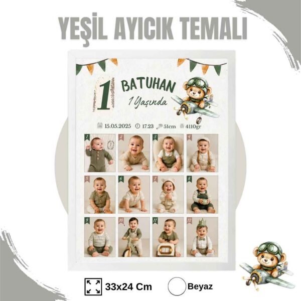 Yeşil Ayıcık Temalı 12 Ay Anı Tablosu Fotoğraflı
