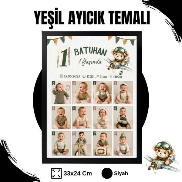 Yeşil Ayıcık Temalı 12 Ay Anı Tablosu Fotoğraflı